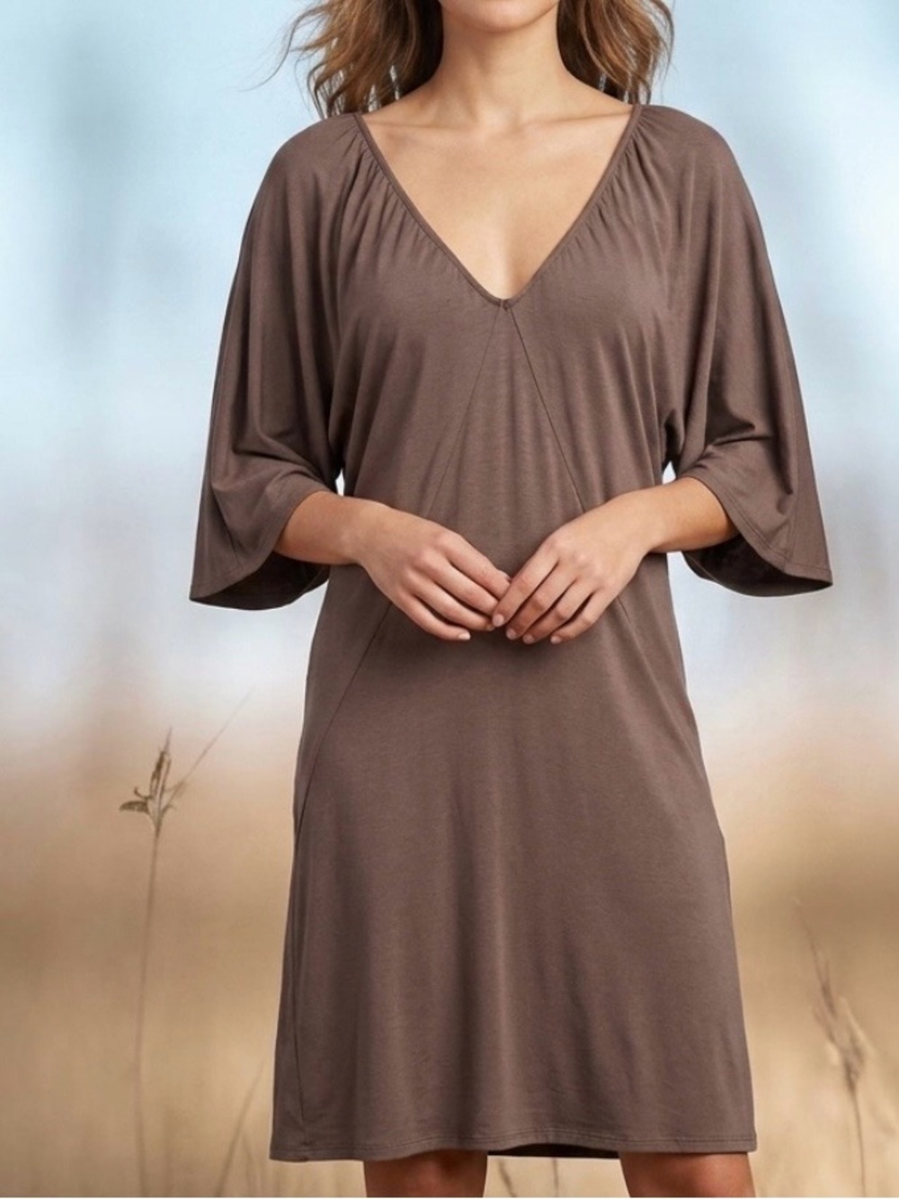 Poliana Plus‎ XL Juniors Pullover Dress Brown-Mocha Stretchy Flutter Sleeves